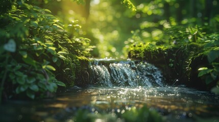 Fototapeta premium Serene jungle scene with a clear stream surrounded by dense greenery, sunlight streaming through the foliage, and a tranquil rainforest atmosphere. 