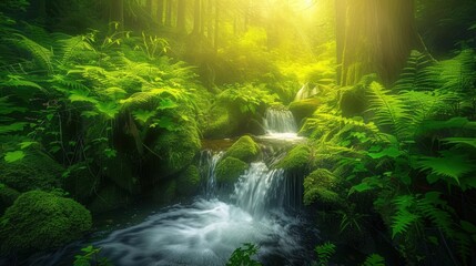 Fototapeta premium Serene jungle scene with a clear stream surrounded by dense greenery, sunlight streaming through the foliage, and a tranquil rainforest atmosphere. 