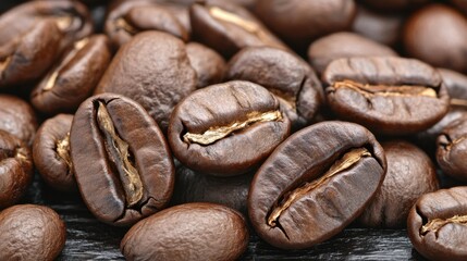 Fototapeta premium Dark Roasted Coffee Beans on Wooden Surface