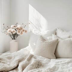 Cozy bedroom with white bedding and soft pillows, featuring a vase of dried flowers in natural light