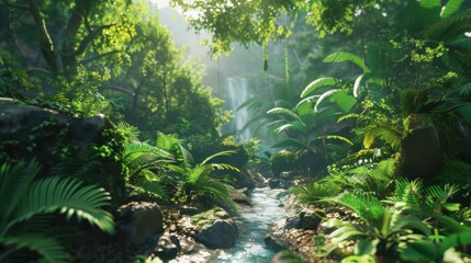 Naklejka premium Serene jungle scene with a clear stream surrounded by dense greenery, sunlight streaming through the foliage, and a tranquil rainforest atmosphere. 
