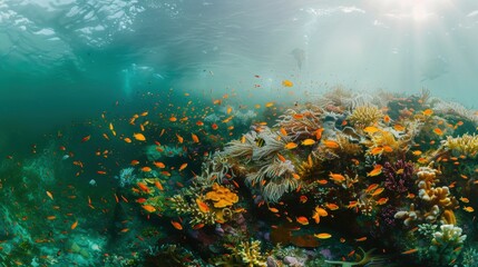 Vivid underwater coral reef scene with colorful tropical fish, vibrant marine life, and sun rays filtering through the clear blue ocean water.