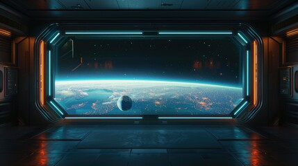 Obraz premium Futuristic spaceship corridor with window view of Earth and moon.