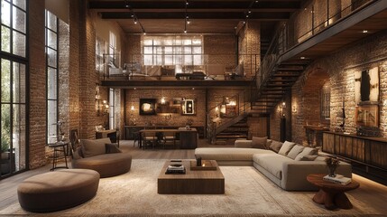 Industrial Chic: A Modern Loft Living Room with Exposed Brick and Metal Accents.