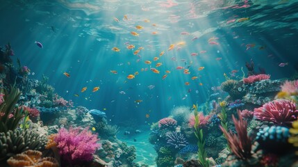 Fototapeta premium Vivid underwater coral reef scene with colorful tropical fish, vibrant marine life, and sun rays filtering through the clear blue ocean water.