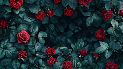 A romantic composition of red roses and green leaves, framing a clear middle space, suitable for special occasions or creative designs