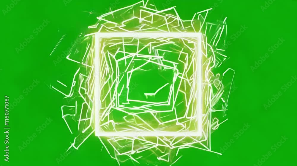 Poster a neon green square with pulsating light patterns and symbols. green screen chromakey.
