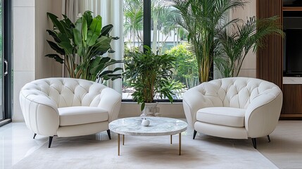 A modern living room with two white chairs and a marble coffee table.