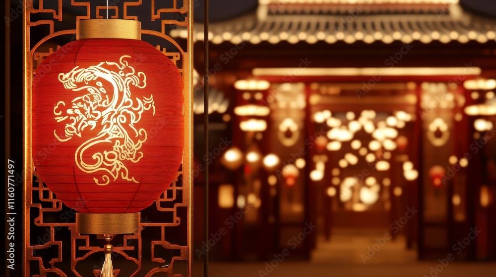 Poster a vibrant red lantern with a dragon design illuminates a traditional architecture setting, creating 