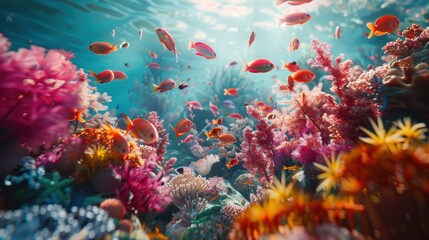 Fototapeta premium Vivid underwater coral reef scene with colorful tropical fish, vibrant marine life, and sun rays filtering through the clear blue ocean water.
