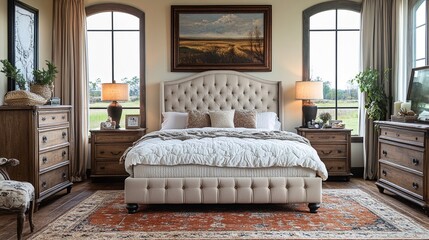 A large bedroom with an upholstered bed and wooden furniture.