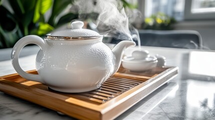 A steaming white teapot sits on a wooden tray, surrounded by a serene indoor setting, evoking warmth and tranquility.