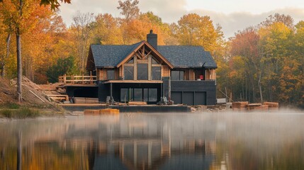 Modern log cabin under construction by lake at autumn.