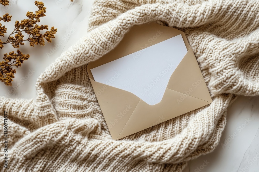 Aufkleber Cozy setup with envelope and soft knit texture on a marble surface in warm light