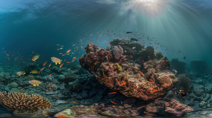 Obraz premium Vivid underwater coral reef scene with colorful tropical fish, vibrant marine life, and sun rays filtering through the clear blue ocean water.