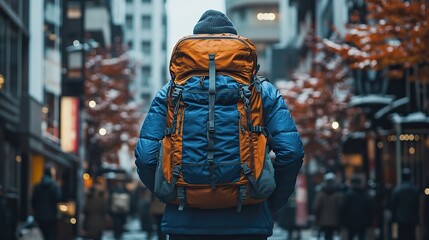 anonymous and backpack with man tourist for travel freedom or training vacation health workout with person on city street