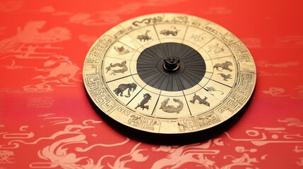 Obraz premium A decorative wheel displaying zodiac symbols on a red background, representing astrology and cultural significance.