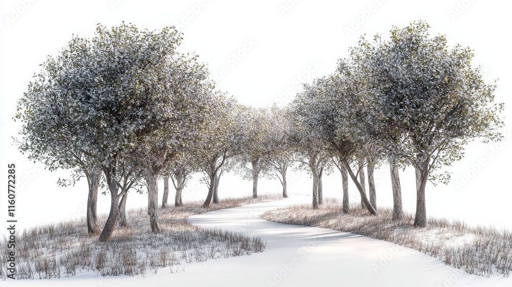 Aufkleber a serene pathway lined with trees, creating a tranquil and inviting atmosphere in a snowy landscape.