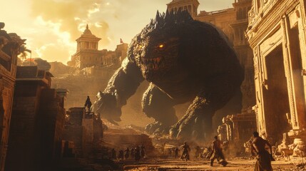 The Colossus Rises: A colossal, monstrous creature towers over a terrified crowd, its glowing red eyes casting an ominous shadow on the ancient city.
