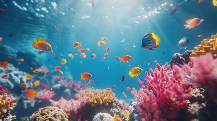 Fototapeta premium Vivid underwater coral reef scene with colorful tropical fish, vibrant marine life, and sun rays filtering through the clear blue ocean water.