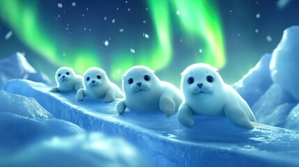 Arctic Dreams: Four adorable baby seals huddle together on a snowy, icy landscape under the mesmerizing glow of the Northern Lights. A serene and magical scene evoking wonder and tranquility. 