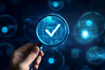 a Digital Checkmark, Quality control certification symbol under a magnifying glass, businessman hand holding the glass Checkmark, Representing Approval and Success	