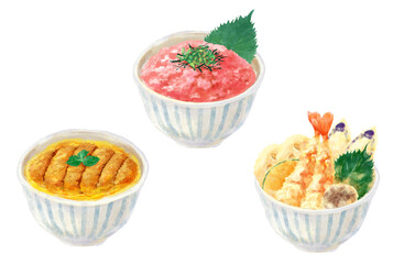 日本の定番どんぶりのイラスト(かつ丼・ねぎとろ丼・天丼)