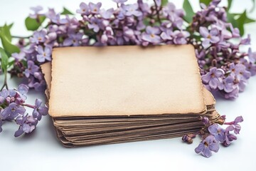 Blank vintage cards surrounded by lilac flowers creating a serene and decorative setup for creative projects