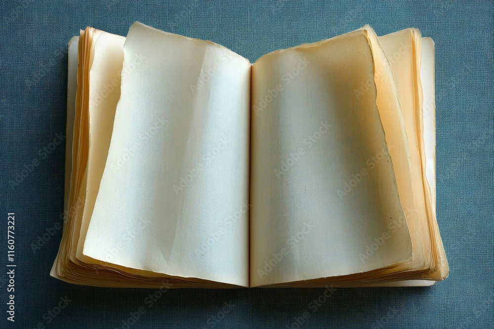 Poster open book with blank pages resting on a textured surface inviting creativity and imagination