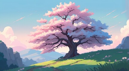 Blossoms dance in the gentle breeze under a pastel sky at dusk in a serene landscape, embodying the beauty of nature's tranquility and elegance