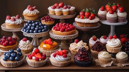 A collection of assorted cupcakes and tarts topped with fresh berries.