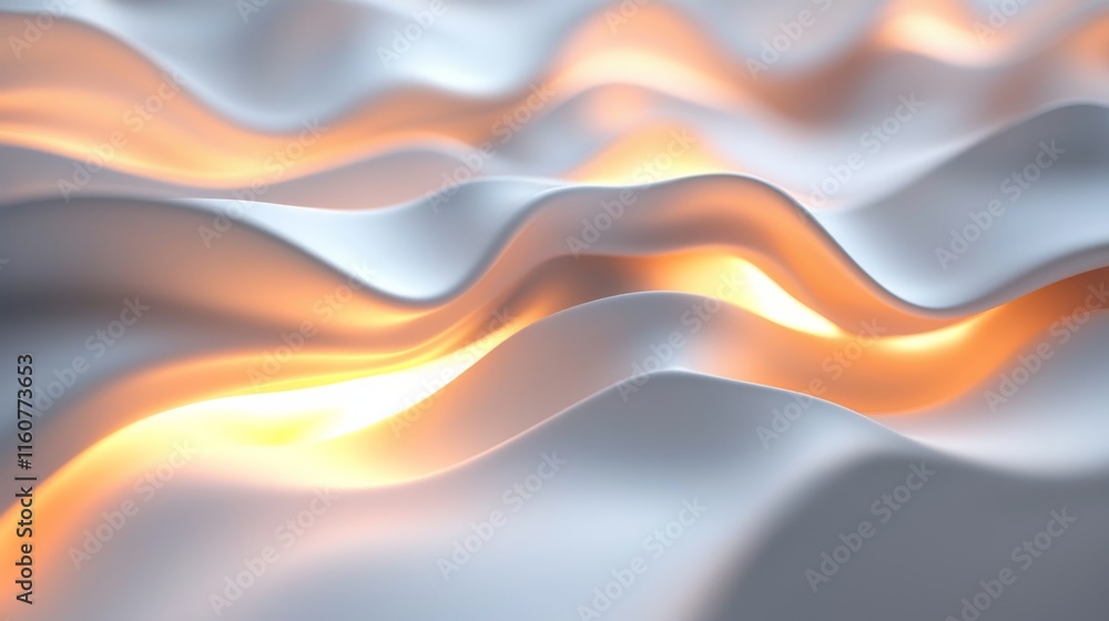 Poster a smooth, undulating surface with soft, illuminated waves of light in gentle hues, creating a serene