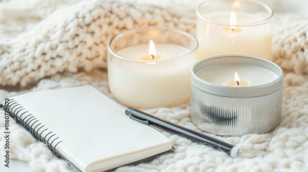 Poster a cozy setup featuring lit candles, a blank notebook, and a pen on a soft knitted surface, creating 