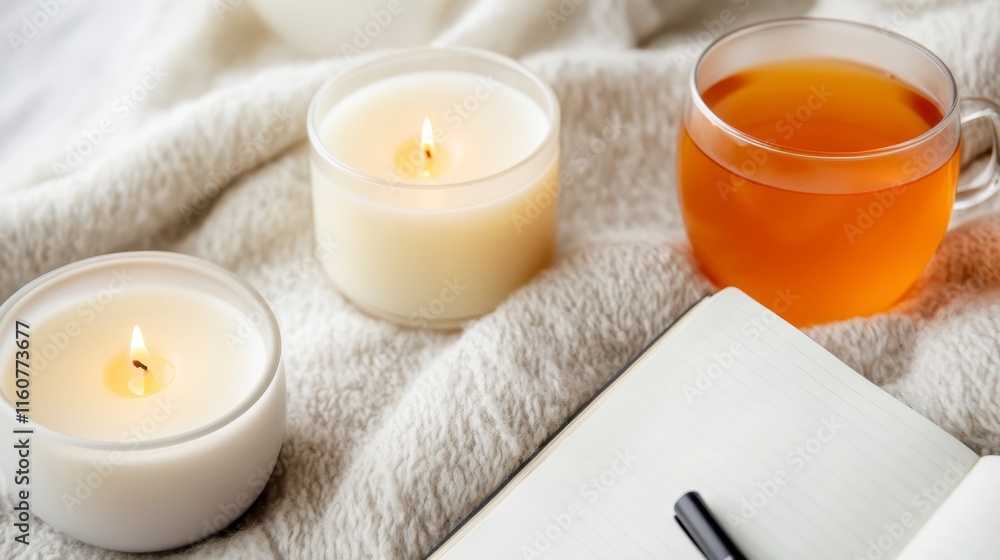 Poster cozy setting with two lit candles, a warm cup of tea, and an open notebook on a soft surface, creati