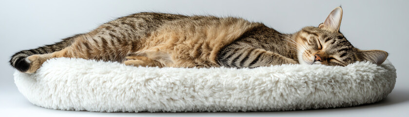 A relaxed tabby cat comfortably resting on a fluffy bed, showcasing tranquility and cozy lifestyle.