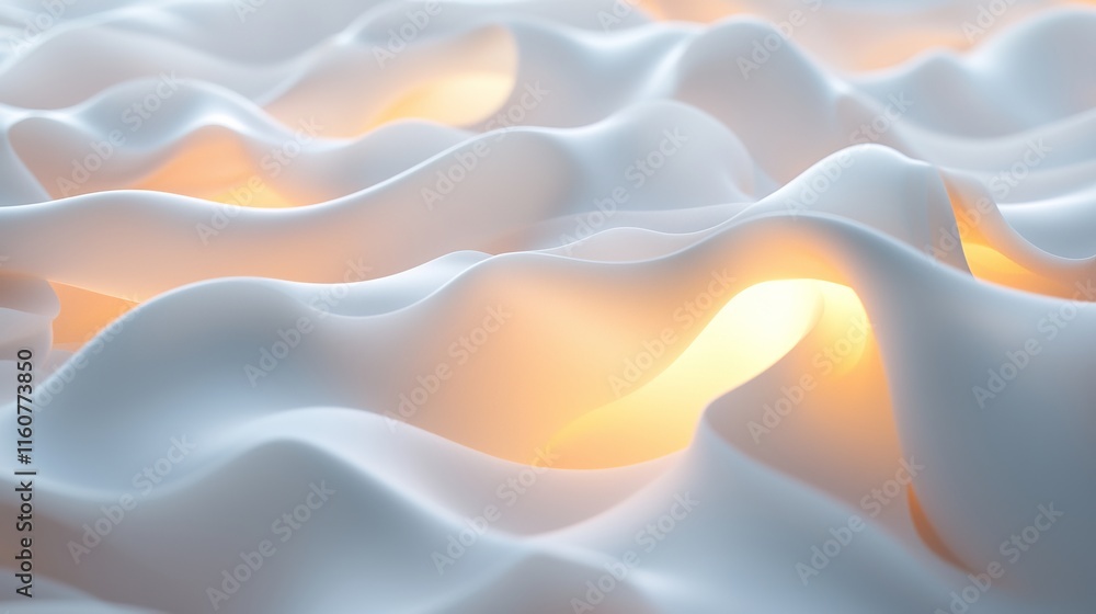 Poster a serene, abstract landscape of soft, white waves illuminated by warm light, creating a calming and 