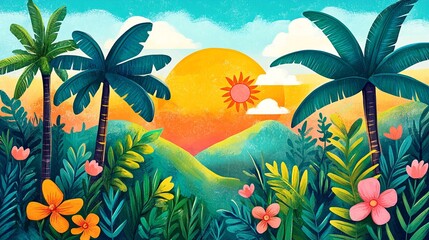 Fototapeta premium Tropical Landscape with Palm Trees and Flowers during Sunset.