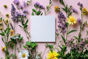 Beautiful arrangement of colorful wildflowers surrounding a blank canvas on a soft pink background