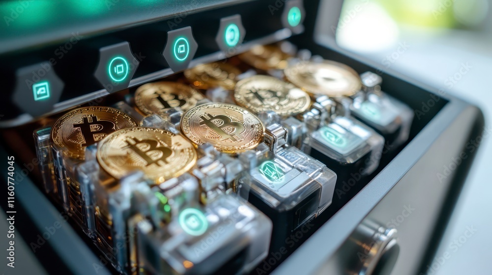 Poster a close-up view of a cryptocurrency machine filled with bitcoin tokens, showcasing technology and di