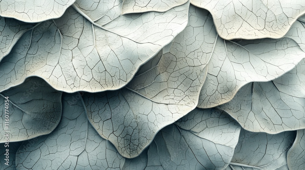 Poster a close-up of layered leaves showcasing intricate textures and a soft, muted color palette.