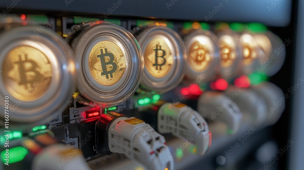 Poster a close-up view of bitcoin mining hardware, showcasing digital currency coins with glowing indicator