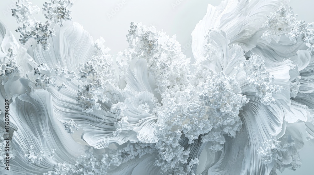 Poster an abstract, ethereal design featuring flowing white textures and intricate patterns, evoking a sens