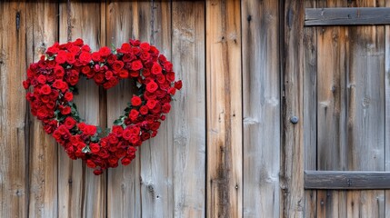 A heart-shaped wreath made of red roses hangs on a wooden wall, symbolizing love and decoration.