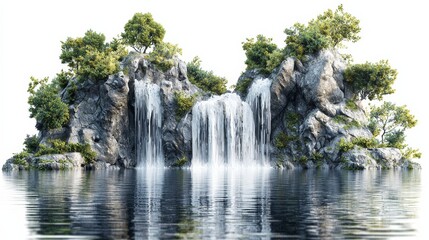 Naklejka premium A serene landscape featuring a waterfall cascading over rocks, surrounded by lush greenery, reflecting in calm waters.