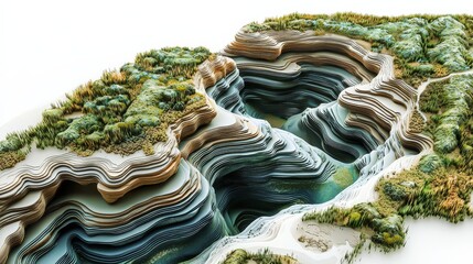 Obraz premium A detailed topographic model showcasing layered terrain, lush vegetation, and water features, illustrating geographical formations in vibrant colors.