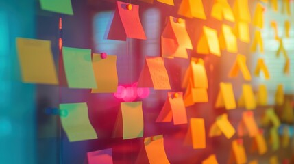 Fototapeta premium A vibrant brainstorming session with a business team, sticky notes on a glass board reflecting their ideas, fostering teamwork and creativity around the meeting table
