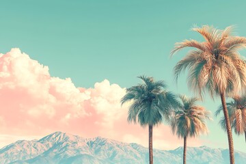 tall palm trees stand against a pastel pink and blue sky with soft clouds, evoking a tropical, dreamy atmosphere. Pastel-toned tropical landscape with palm trees and mountains.