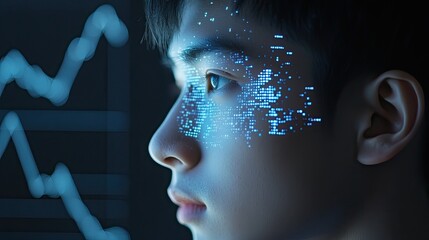 Future Vision: A young man gazes intently at a screen, his face illuminated by a digital code representing data and progress.