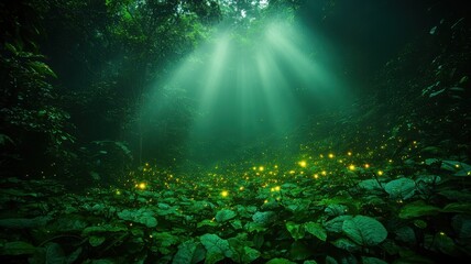 Fototapeta premium Glowing insects illuminate foggy rainforest night nature scene forest floor mystical environment ethereal concept