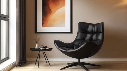 A black leather chair and small table are situated in front of a wall with a large painting.